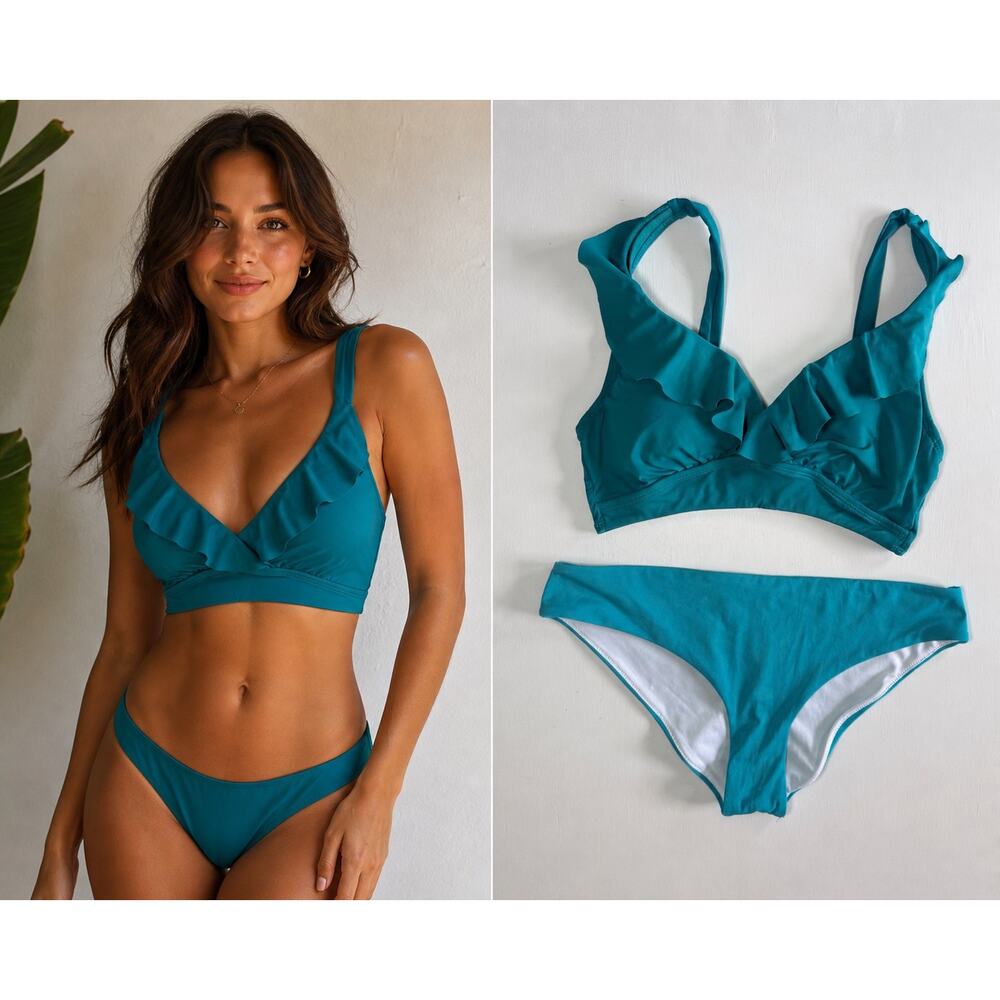 Ralph Lauren Padded Bikini Top & Victoria Secret Bottoms Medium Ruffle Swim Set